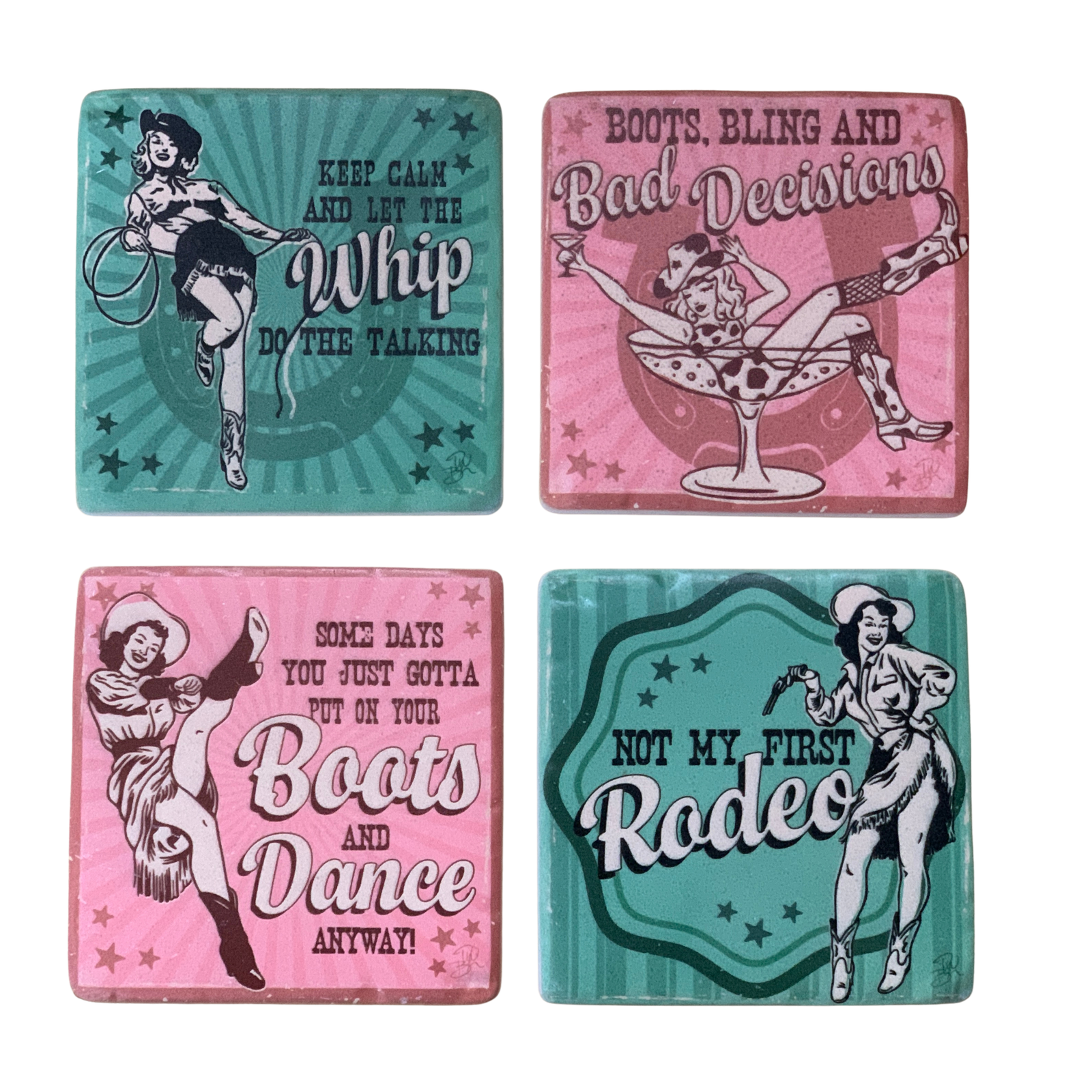 DWBH Homewares Resin Cowgirl Coaster. Four colorful coasters with vintage-style graphics and text on a white background