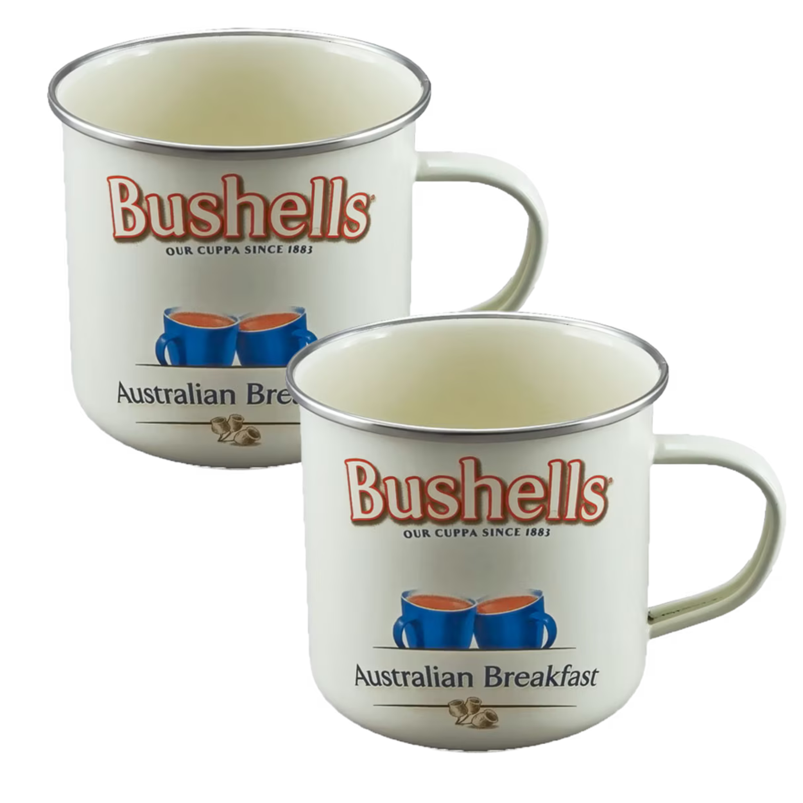 Two white enamel-style mugs with silver rims, printed with the Bushells logo and 'Australian Breakfast' text, shown on a plain white background.