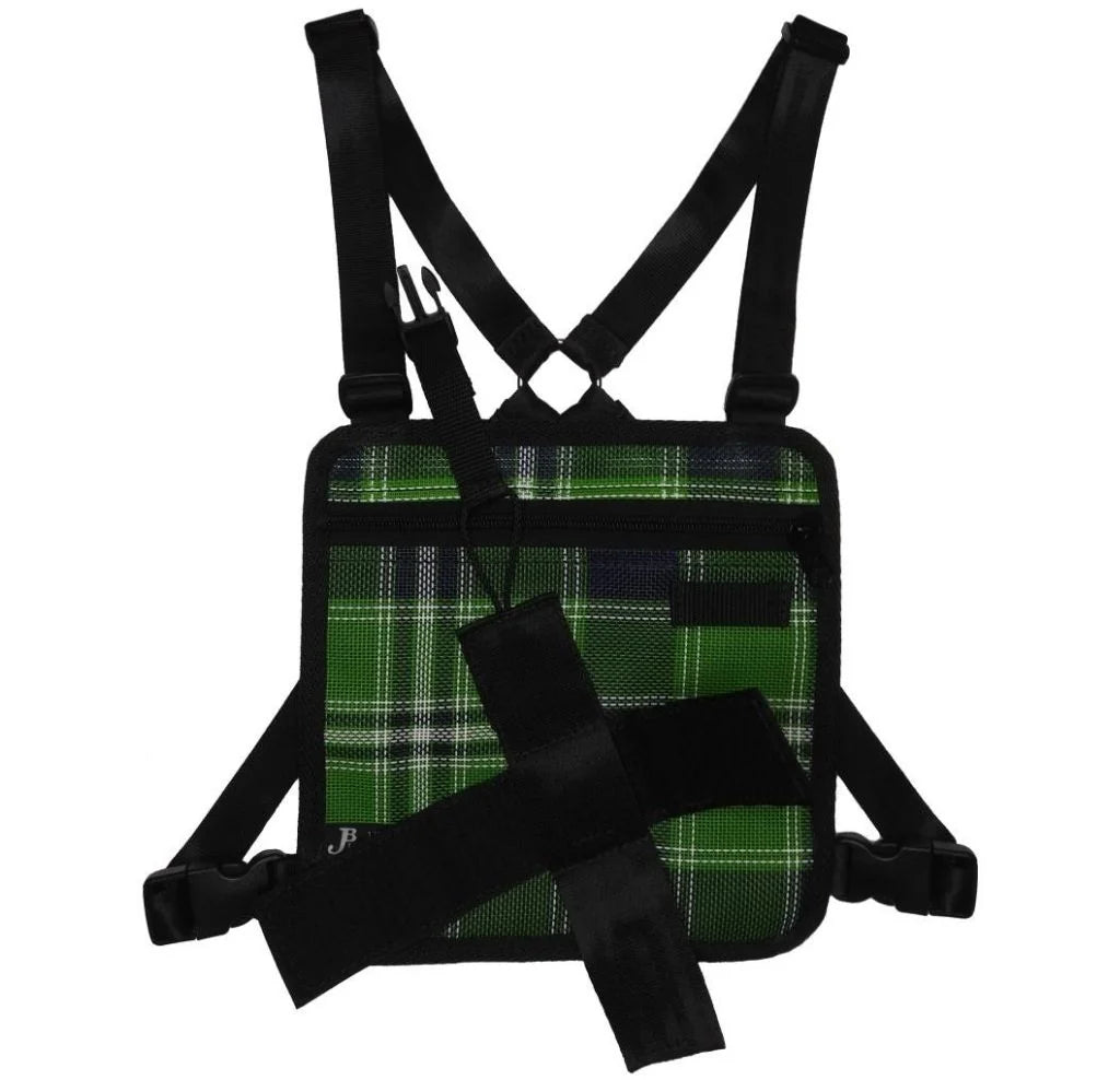 JB UHF Harnesses Kids Velcro Adjustable Small Chest Harness. Green plaid-patterned vest with black straps on a white background