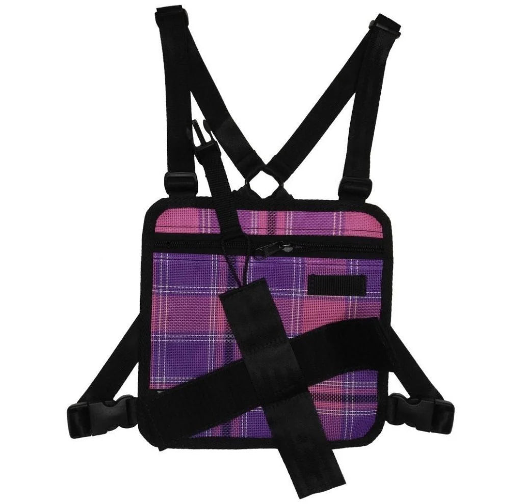 JB UHF Harnesses Kids Velcro Adjustable Small Chest Harness. Blue plaid backpack with black straps on a white background