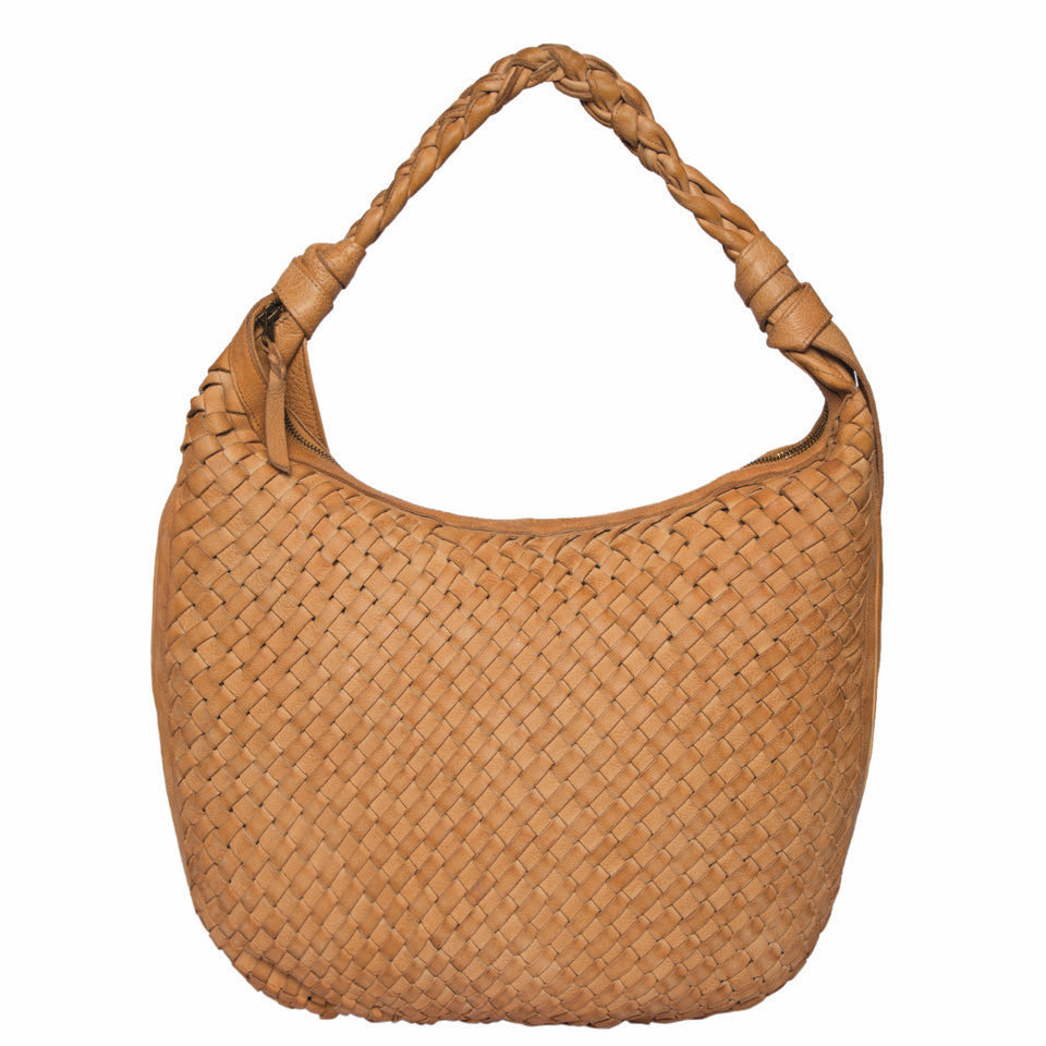 The Design Edge Women's Woven Leather Hobo Handbag. A brown woven leather handbag with a shoulder strap and a hand-woven design.