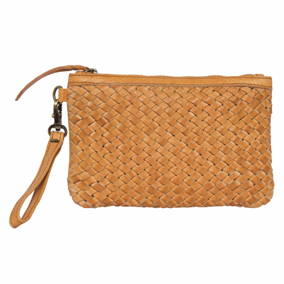The Design Edge Women's Dingle Woven Clutch. A brown women's woven clutch with a zippered top and a detachable wrist strap, crafted from washed leather.