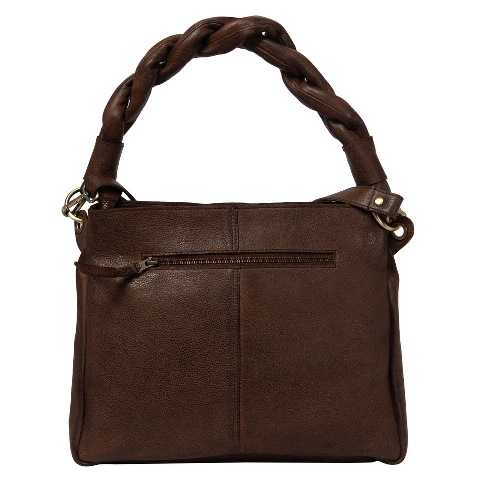 A dark brown faux-leather shoulder bag with a braided top handle, a front zippered pocket, and gold-tone hardware, shown against a plain white background.