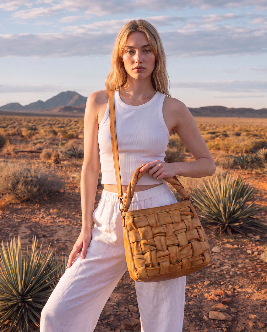 A woman stands in a desert landscape wearing a white ribbed tank top and white pants, holding a tan woven leather shoulder bag. The background features a desert field, yucca plants, and distant mountains under a soft sky.