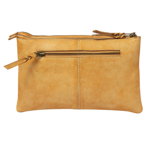 A tan pebbled leather clutch pouch with a top zipper, a horizontal zippered pocket, and matching leather zipper pulls, shown against a plain white background.