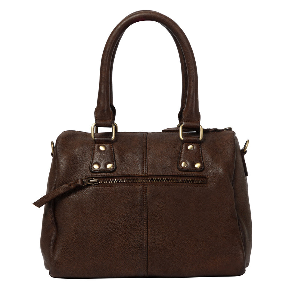 A dark brown textured leather handbag with double top handles, gold-tone hardware, and a front zippered pocket, shown against a plain white background.