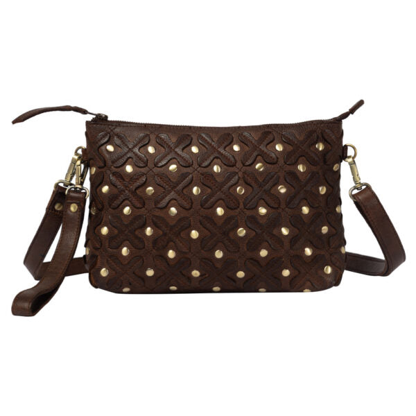 A dark brown leather crossbody bag featuring an embossed geometric pattern and gold-tone studs, with a matching adjustable shoulder strap and zipper closure, shown against a plain white background.