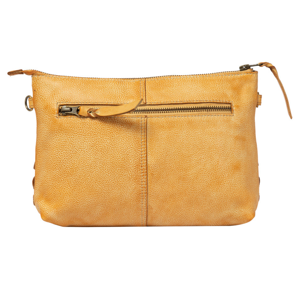 A mustard yellow pebbled leather crossbody bag with a front zippered pocket and a top zipper closure, shown against a plain white background.
