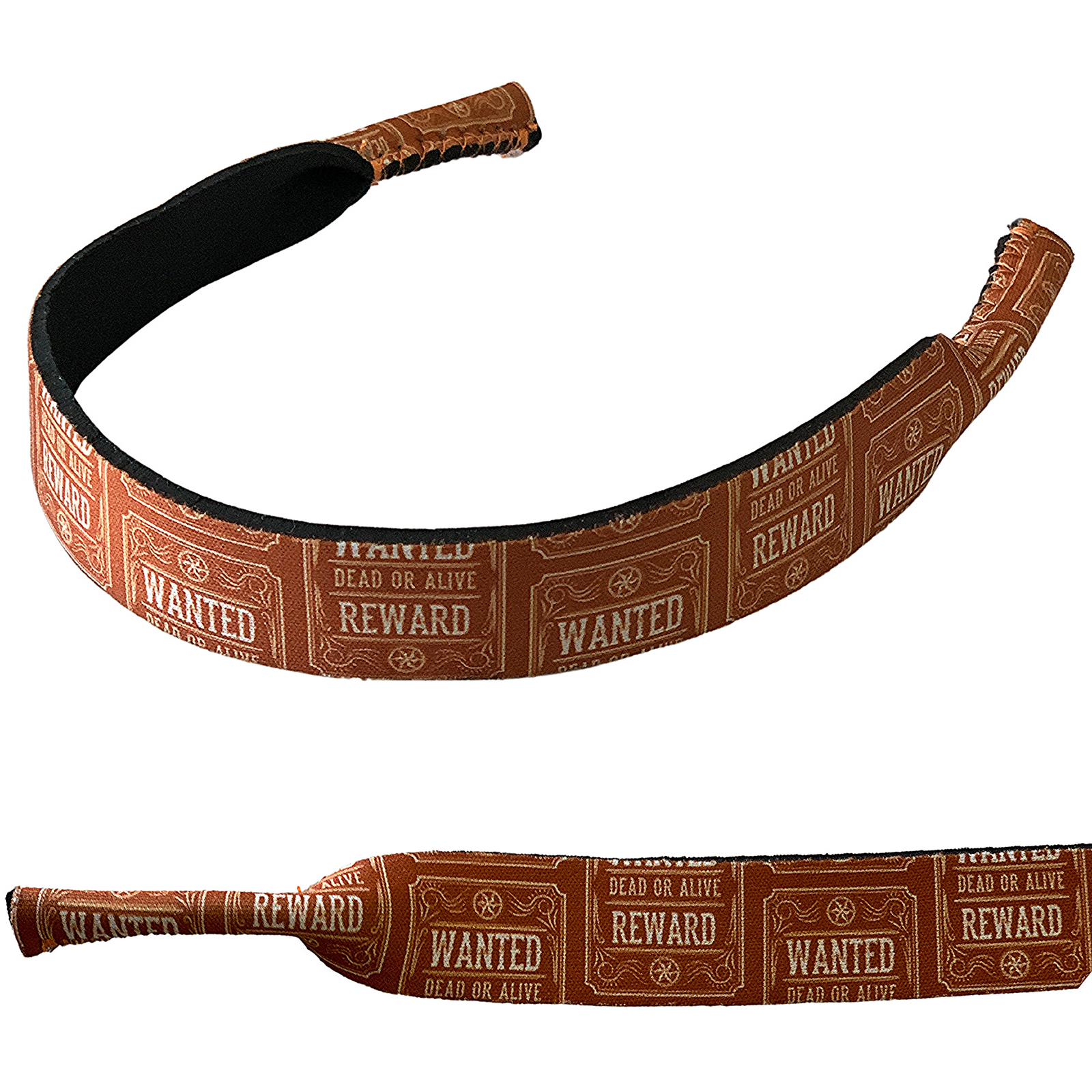 Rocky Mavericks Wanted Poster Sunglasses Strap. A sunglasses strap with a wanted poster design in brown color.