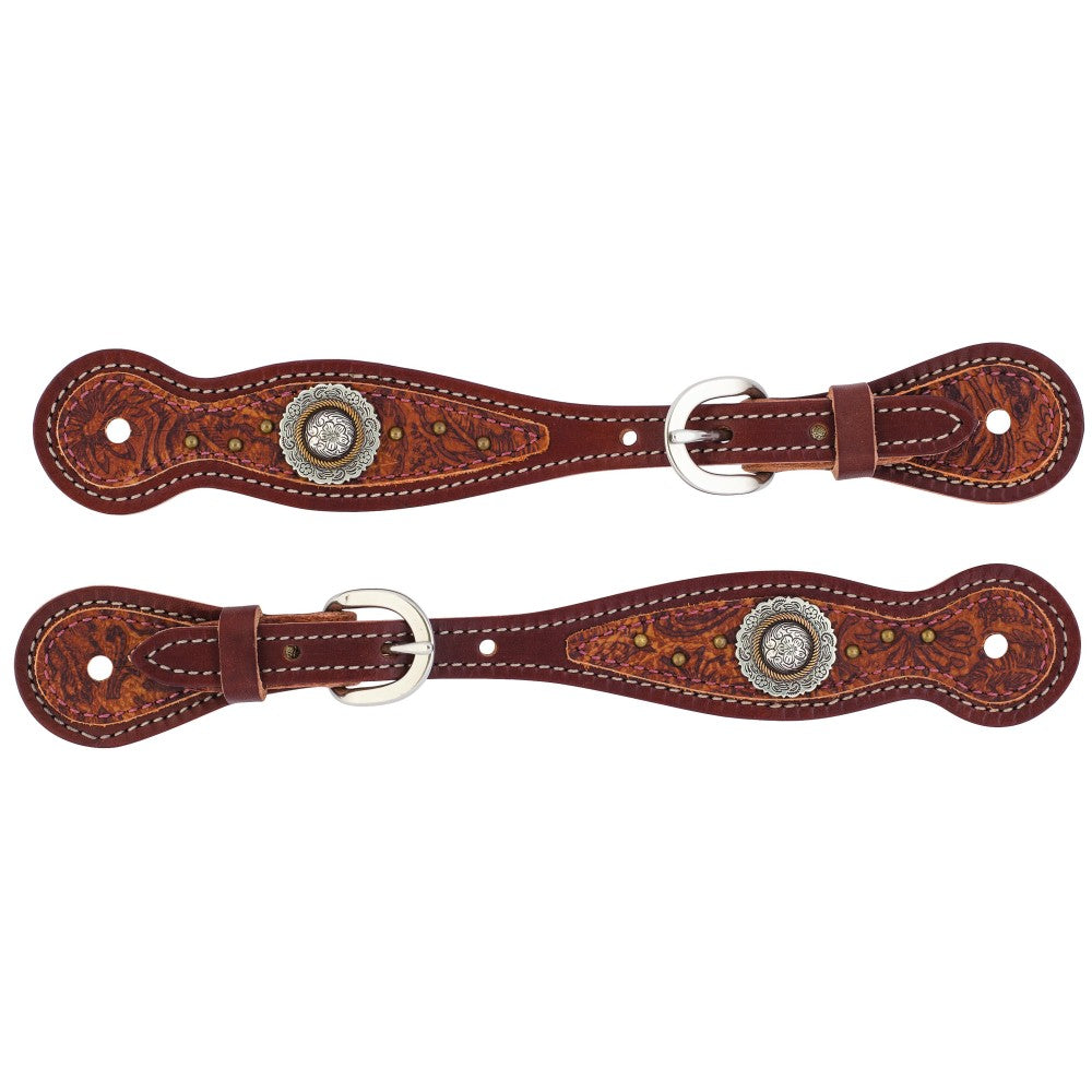 Weaver Western Edge Collection Ladies Spur Straps. Pair of brown leather spurs with decorative conchos on a white background
