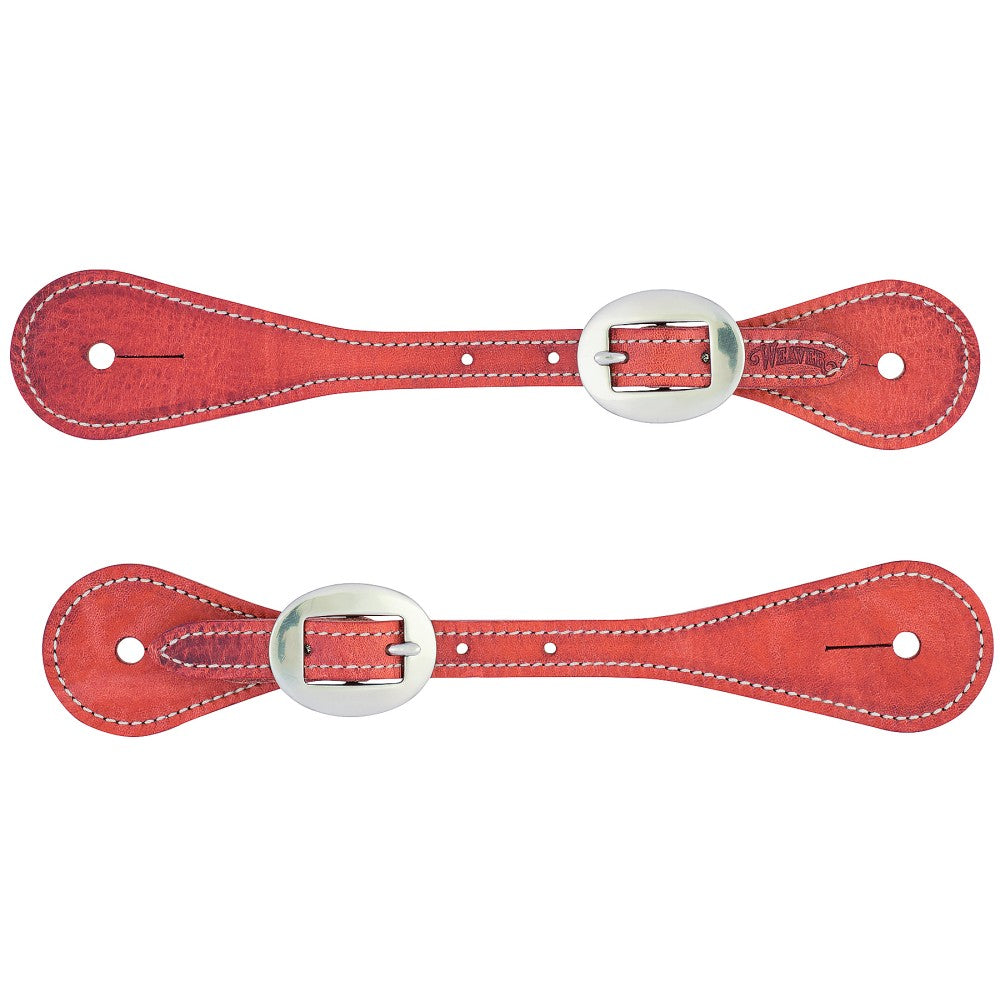 Weaver Youth Spur Straps - Russet. Two red leather straps with silver buckles on a white background