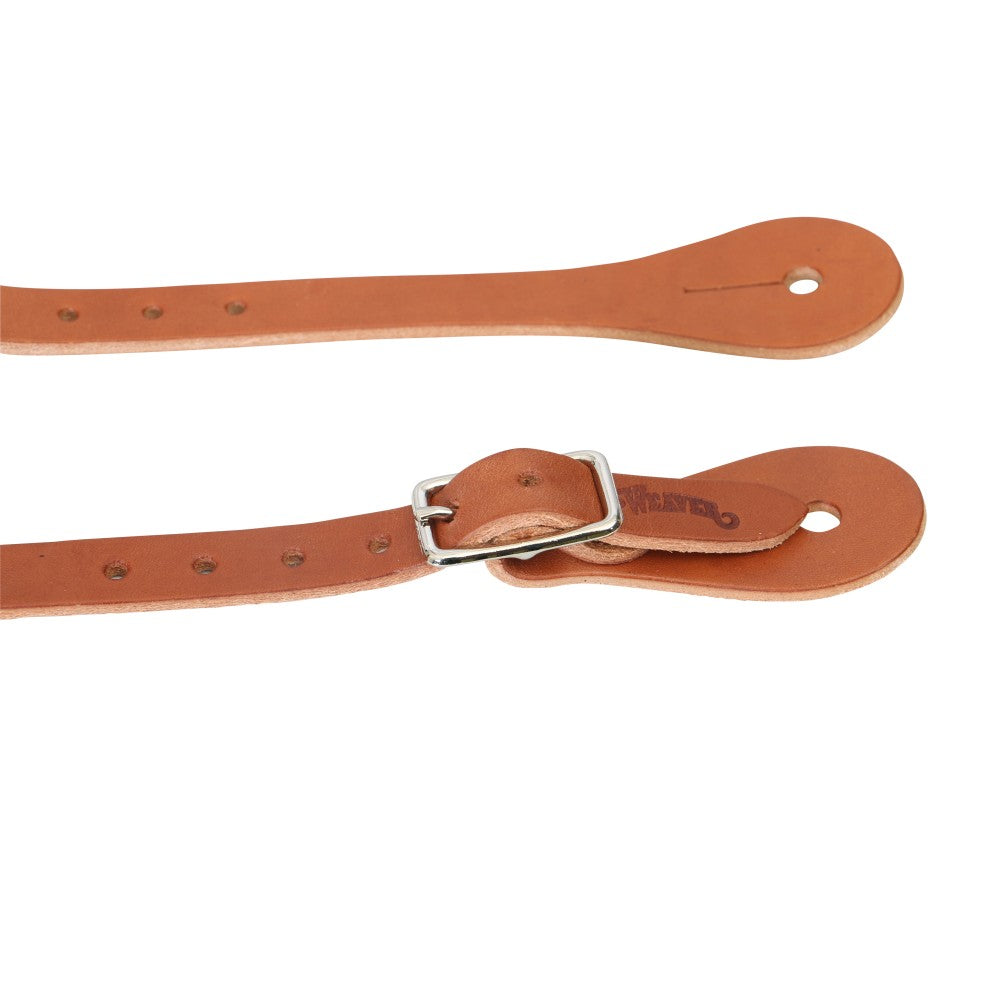 Weaver Horizons Collection Spur Straps. Brown leather belt with silver buckle on a white background