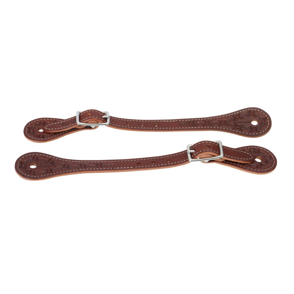 Weaver Barb Wire Spurs Straps. A pair of brown leather spurs straps with barb wire detailing and stainless-steel hardware.
