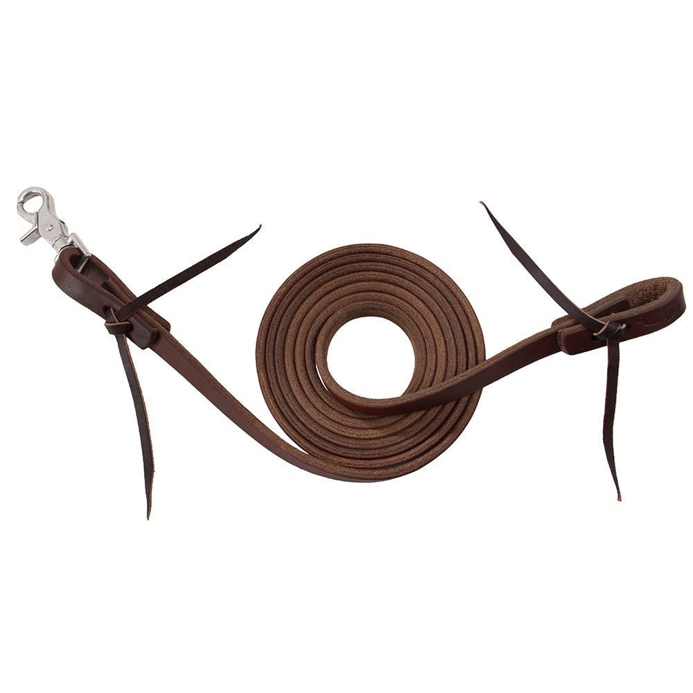 A dark brown leather horse lead rope, neatly coiled in the center with its metal snap hook attachment on the left and the lead loop on the right, set against a plain white background.