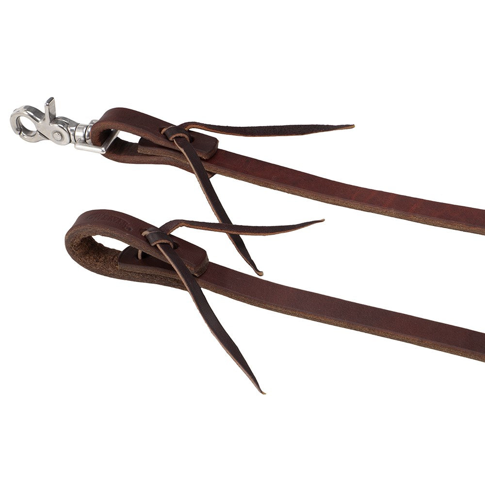 Brown leather strap with metal clip on a white background