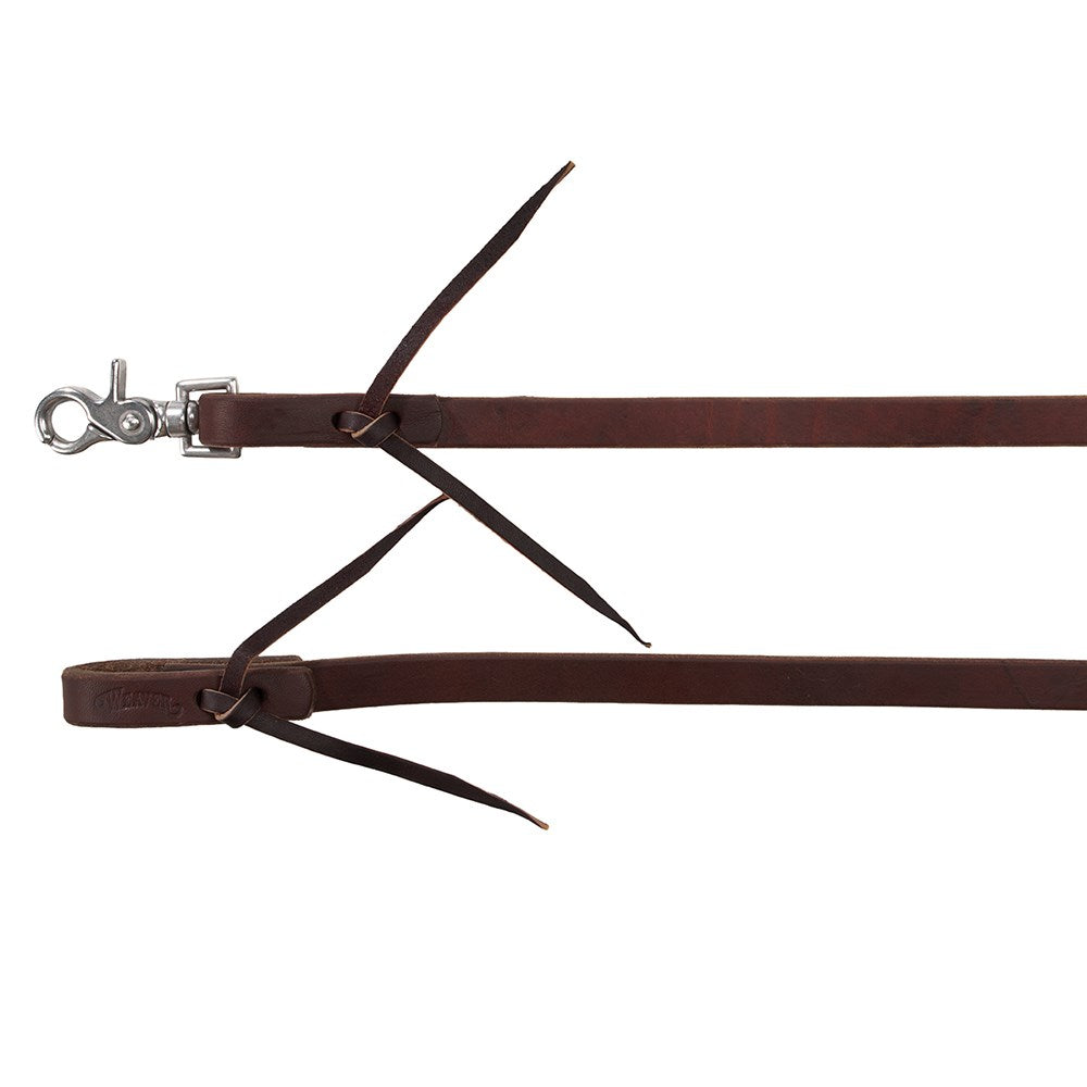 A dark brown leather horse lead with silver metal snap hooks on both ends, displayed against a solid white background.