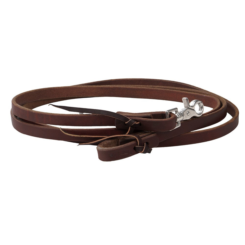 A dark brown leather horse lead rope with a silver metal snap hook, coiled on a plain white background.