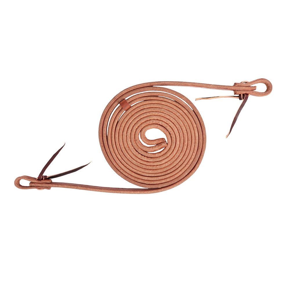 A coiled copper-colored leather strap with metal snap hooks on both ends, shown against a plain white background.