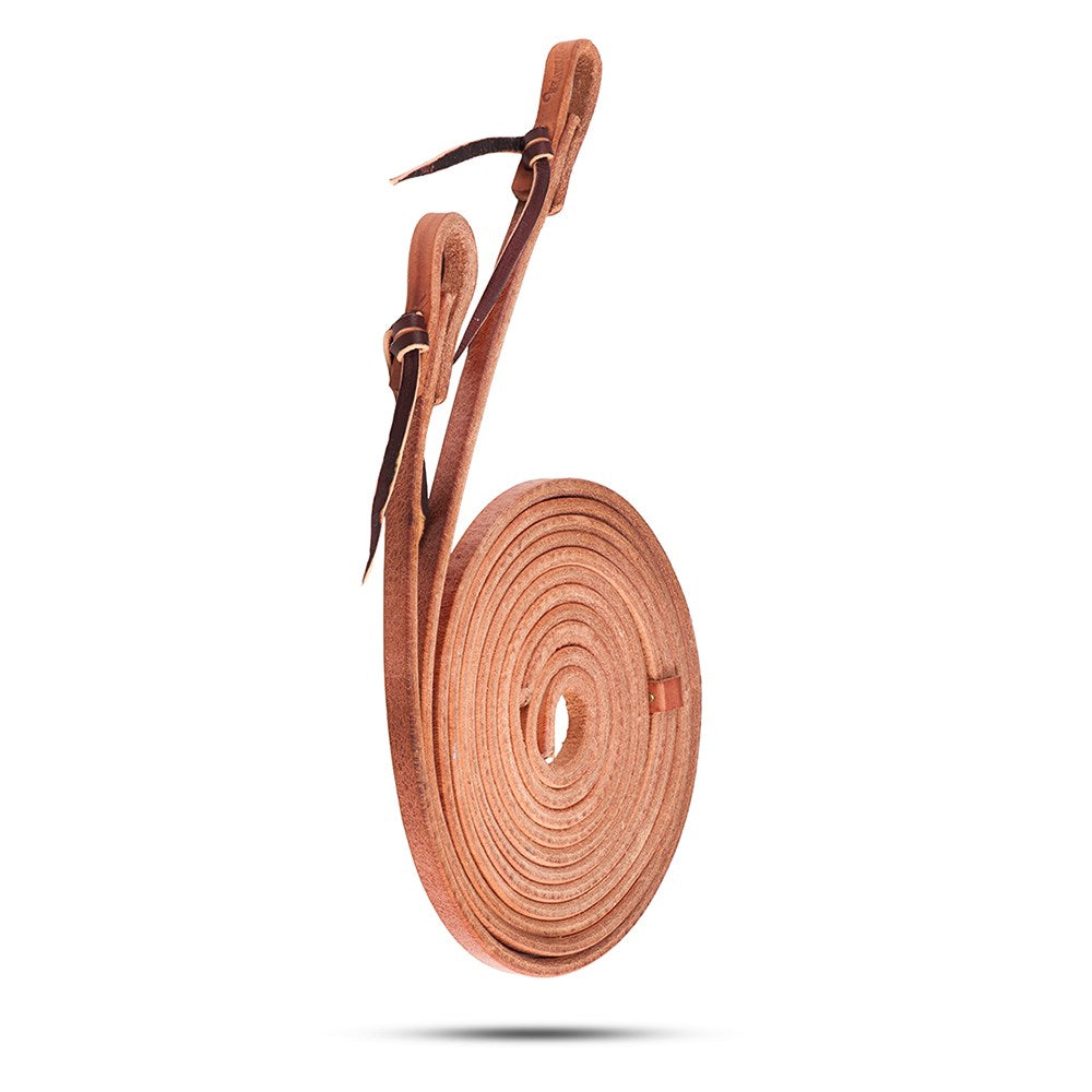A coiled brown leather strap, likely a reins or bit strap, shown against a plain white background with a soft drop shadow.