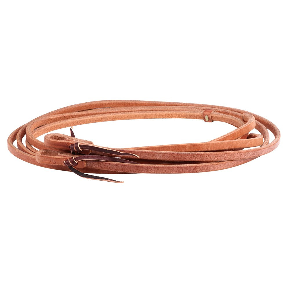 A coiled tan leather strap, likely a belt or strap accessory, with dark metal hardware, shown on a plain white background.