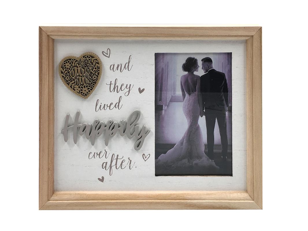 Happily Ever After Photo Frame. Decorative frame with a heart-shaped cutout, text, and a photo of a couple.