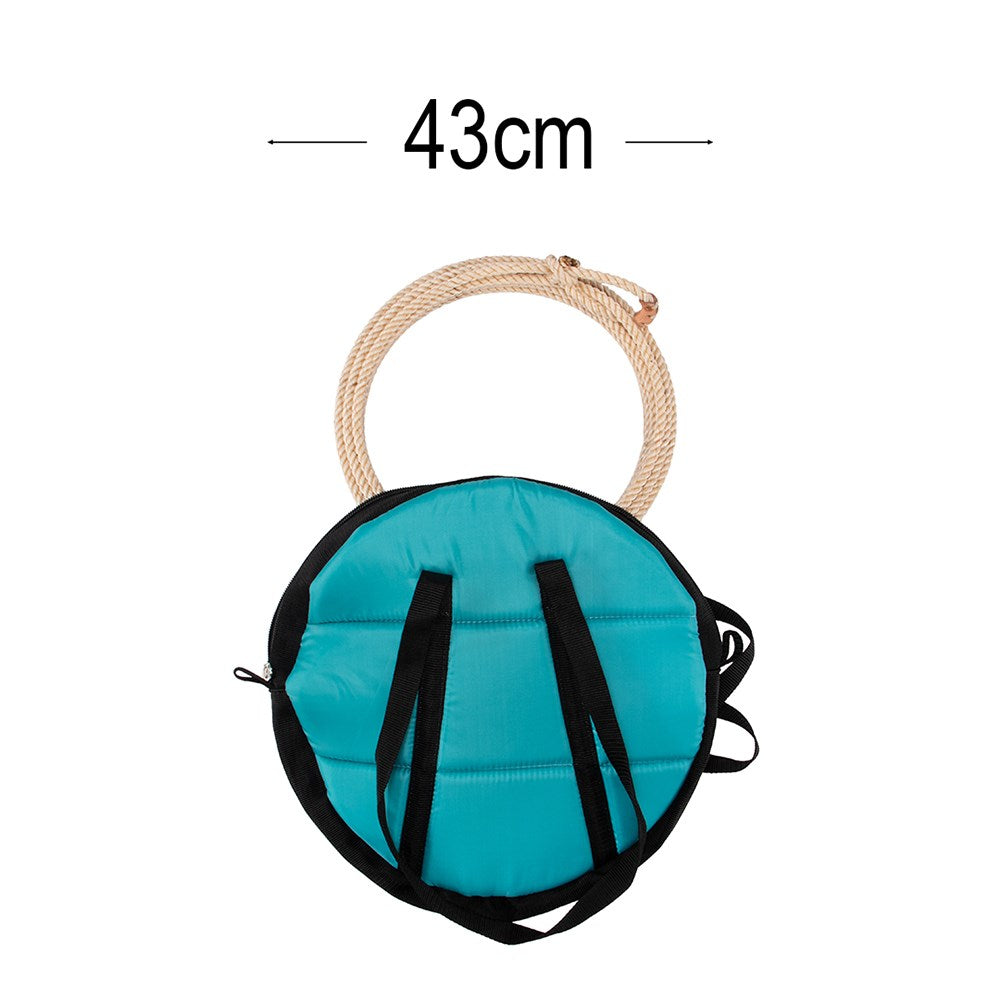 A circular turquoise and black padded bag with a beige rope handle, shown on a white background with a '43cm' size marker above it.