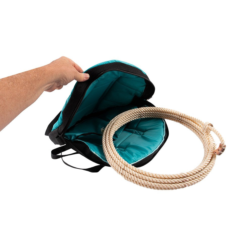 A teal and black padded bag with a natural beige rope coiled over the opening, shown against a plain white background with a hand lifting the flap to demonstrate accessibility.