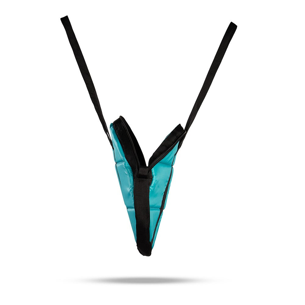 A teal and black V-shaped sling or support pouch with long black straps, shown floating against a plain white background with a soft shadow underneath.