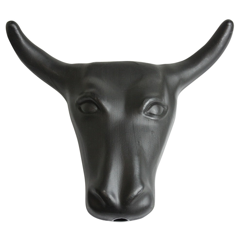A black plastic steer head with prongs used for training purposes.