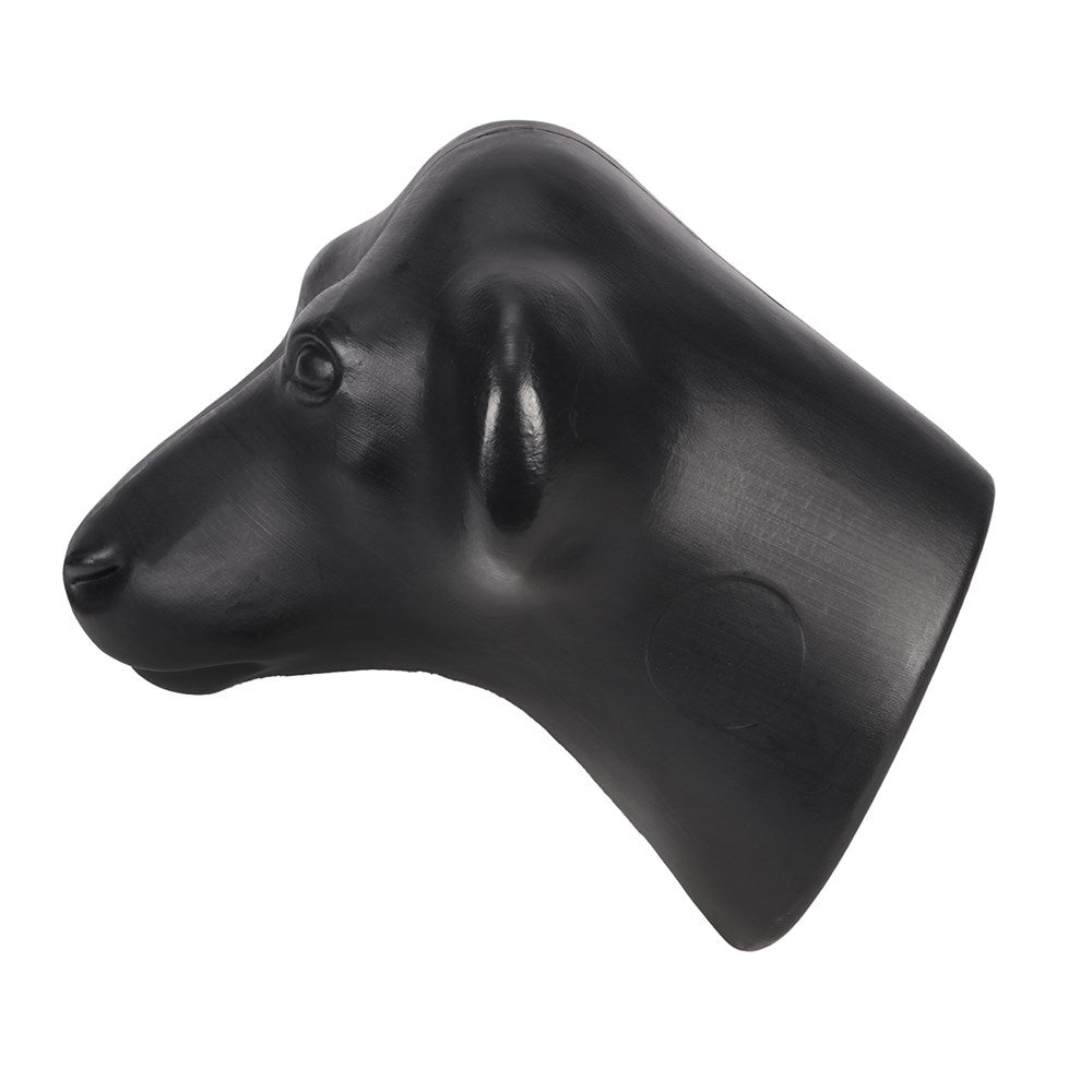 Plastic Calf Head w/Prongs. A black plastic calf head with mounting prongs used for training purposes in equestrian sports.
