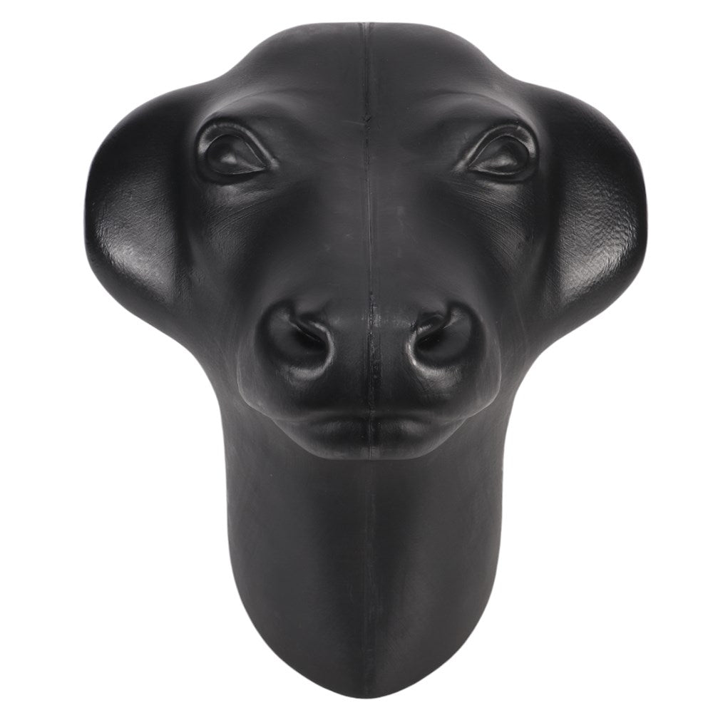 Plastic Calf Head w/Prongs. A black plastic calf head with mounting prongs used for training purposes in equestrian sports.
