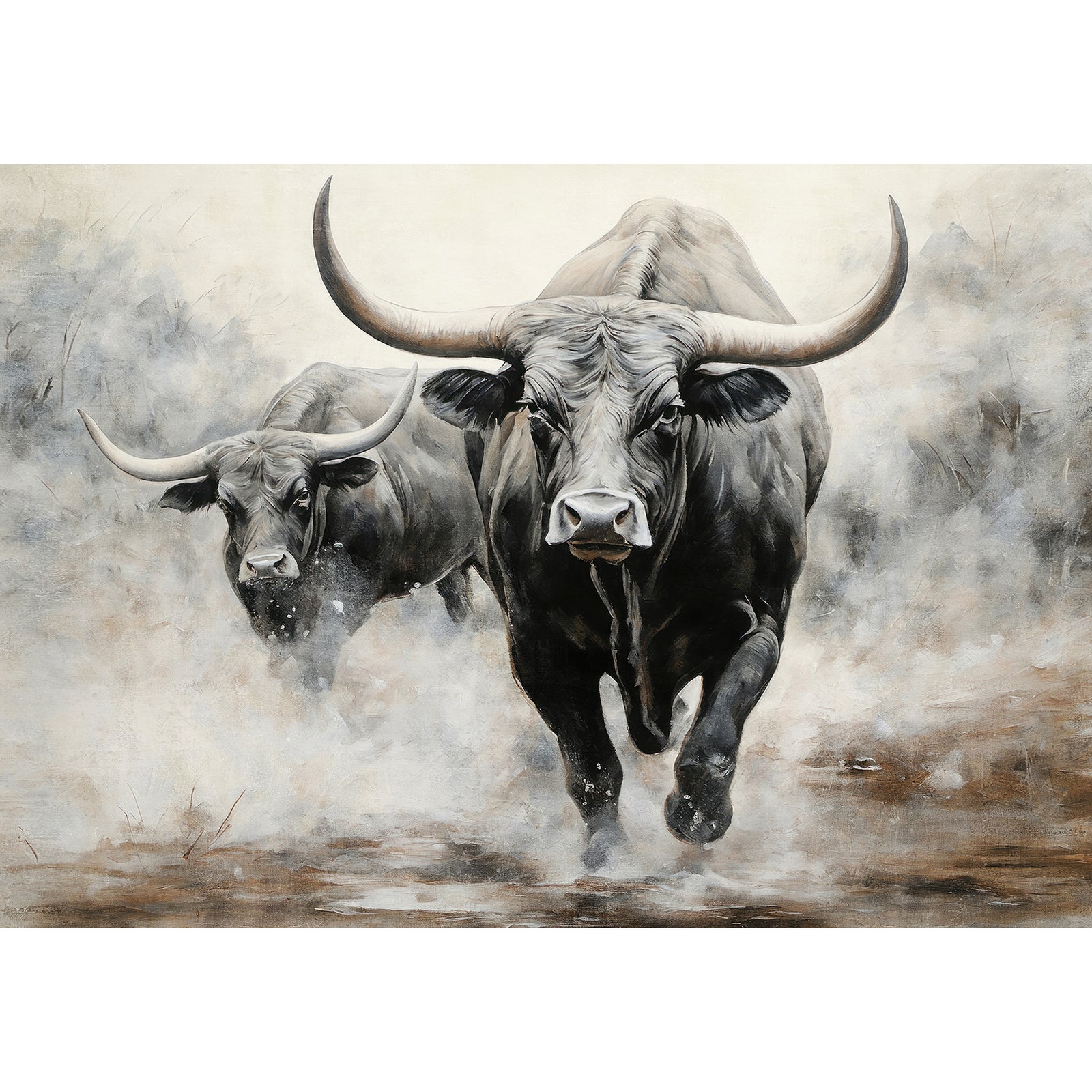 A painting of two large horned cattle running through misty water, with the front animal centered and the second animal behind it. The artwork fills the frame with a white border around the edges.