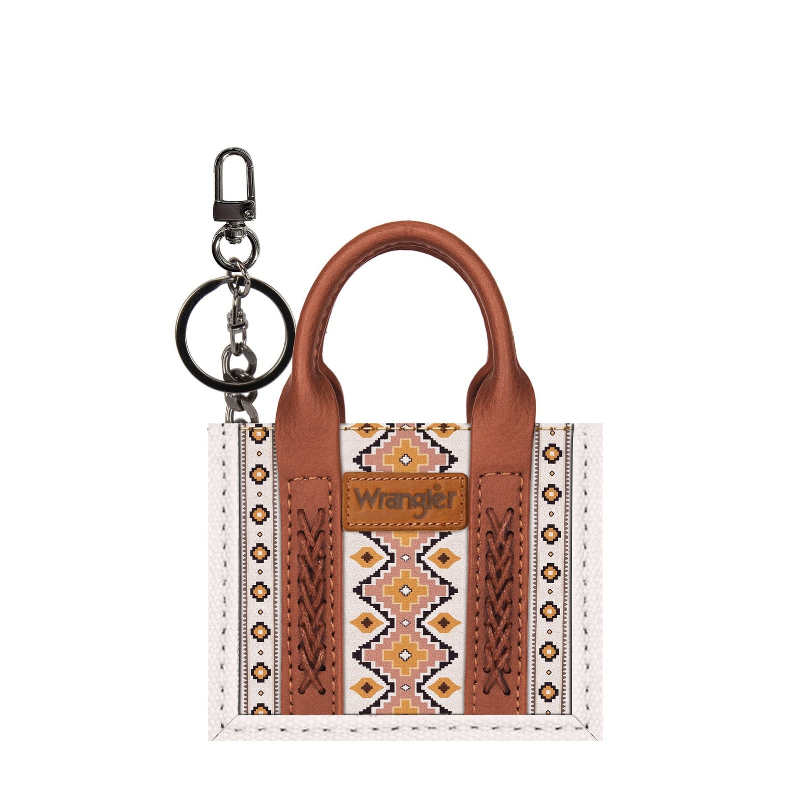 Leather keychain with geometric pattern on a white background