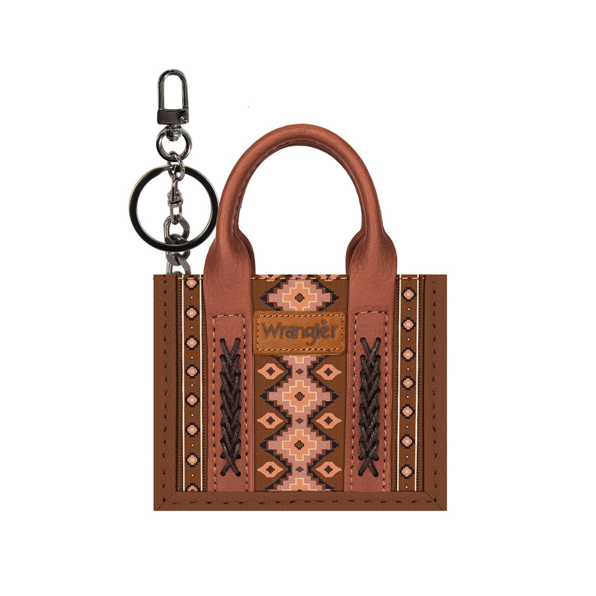 Brown leather keychain with geometric pattern on a white background