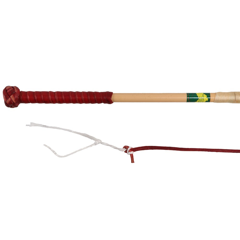 Nemeth Redhide Yard Whip - 4 Plait. A handcrafted Nemeth Redhide Yard Whip with a red leather handle and a braided leather strap on a wooden shaft.