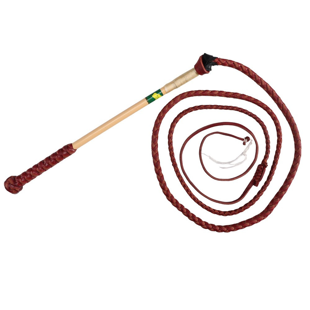 Nemeth Redhide Stockwhip - 5' x 4 Plait. A redhide stockwhip with a plaited handgrip on a cane handle.