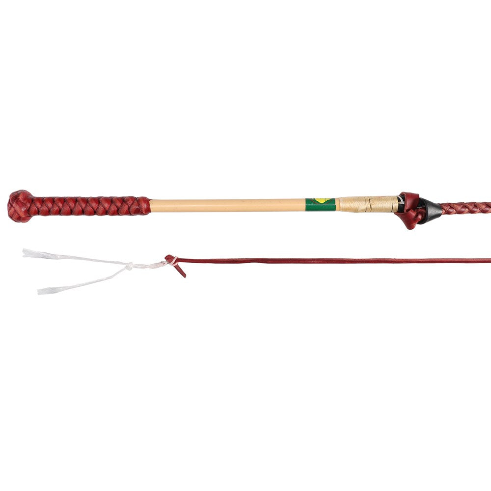 Nemeth Redhide Stockwhip - 6' x 4 Plait. Wooden whip with red braided handle and white string on a white background