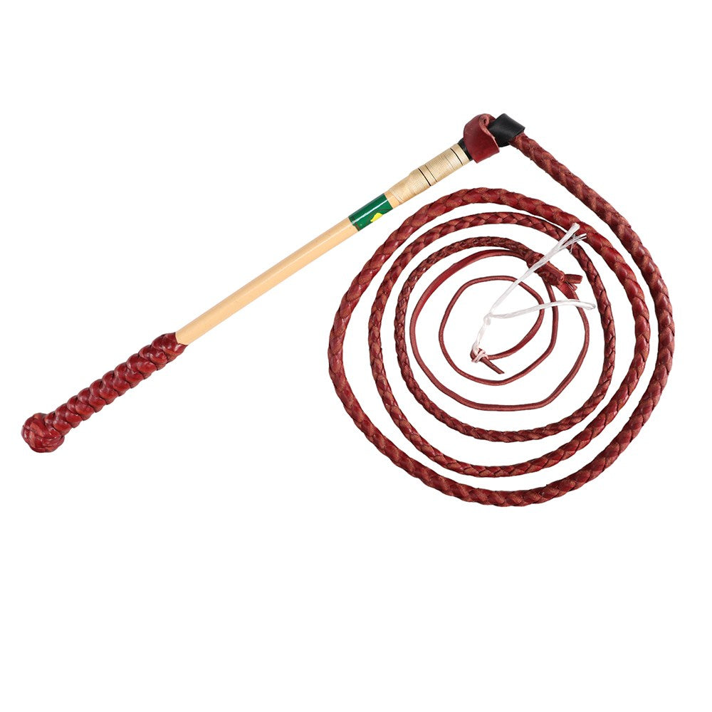 Nemeth Redhide Stockwhip - 6' x 4 Plait. Red whip with a wooden handle on a white background