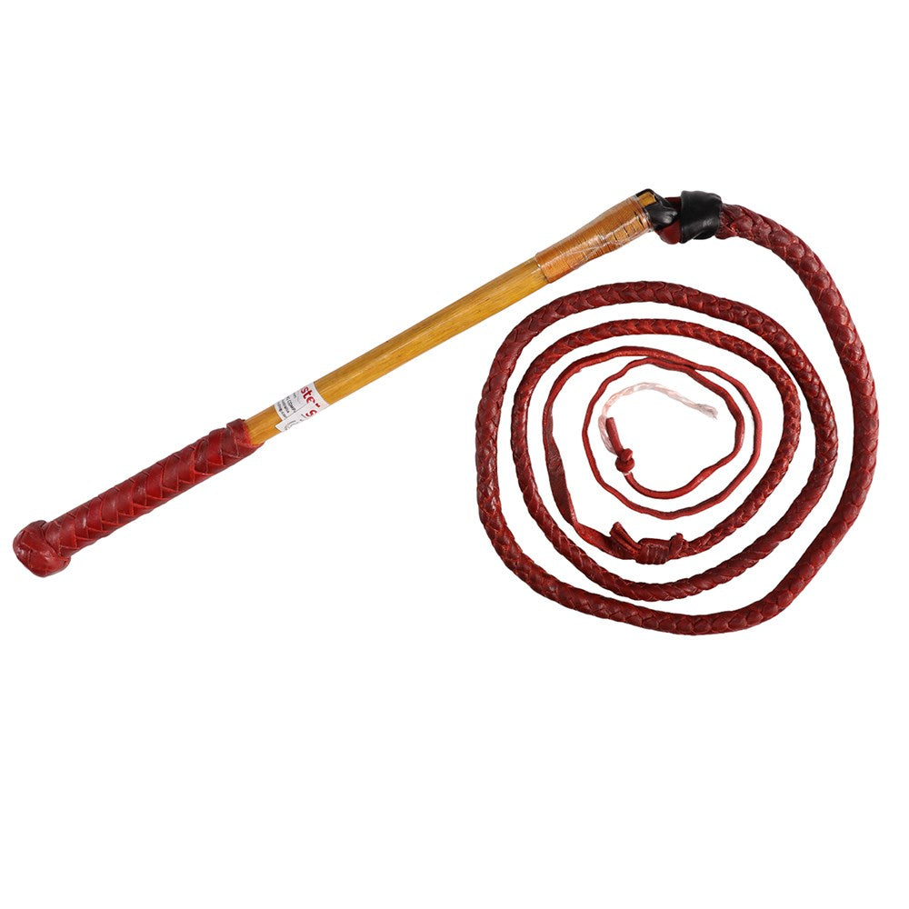 Stockmaster Redhide Stockwhip - 5' x 6 Plait. Red whip with a wooden handle on a white background
