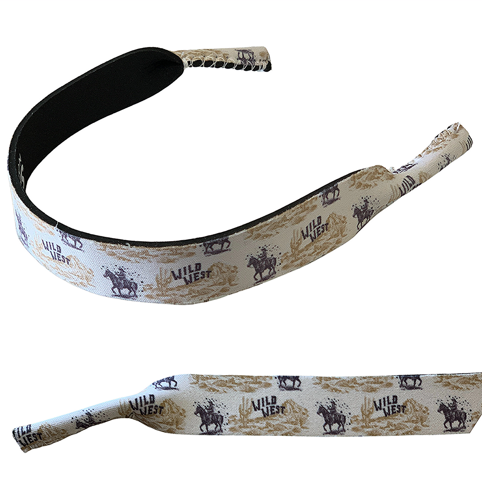 Rocky Mavericks Wild West Sunglasses Strap. A neoprene sunglasses strap featuring text and patterns related to the Wild West theme, predominantly in beige and black colors.
