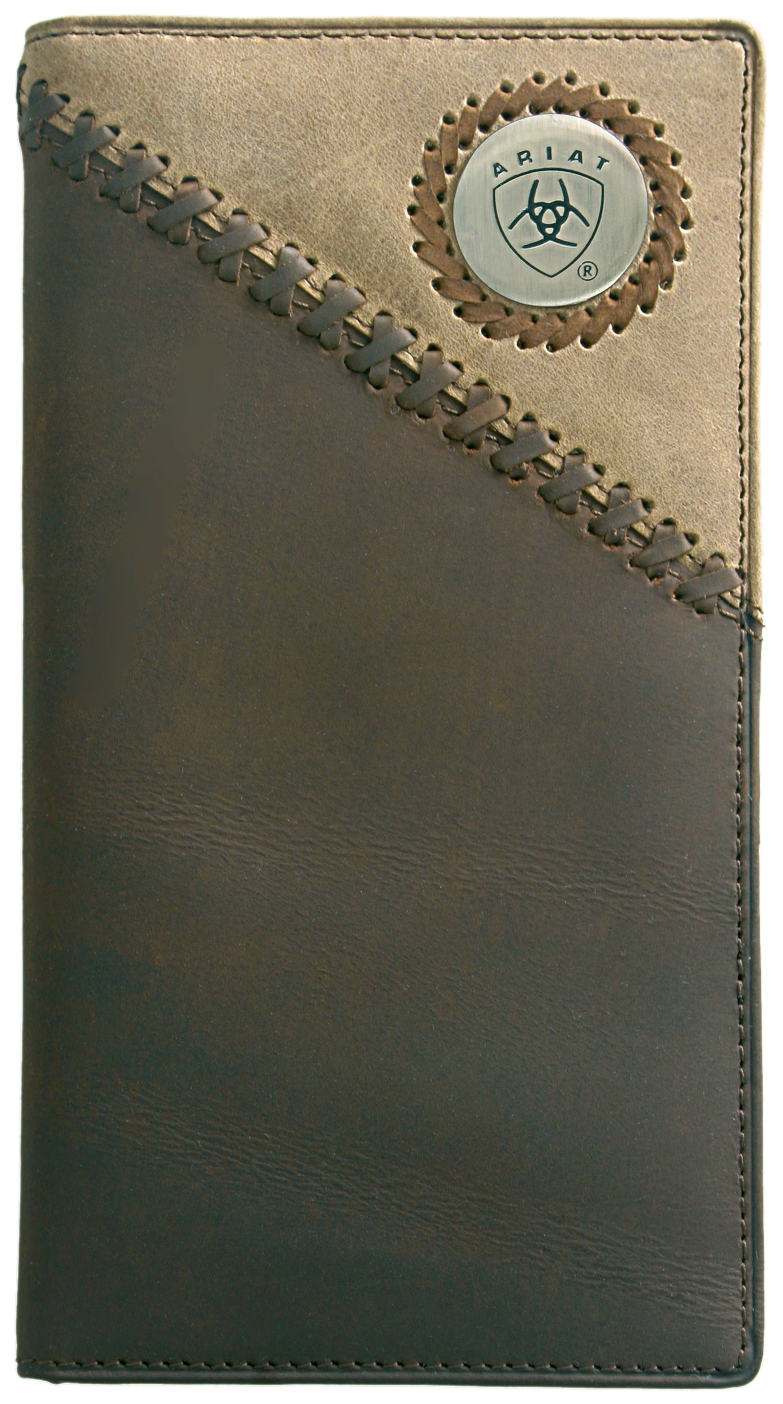 A brown Ariat Men's Rodeo Wallet with a logo on the front and stitching detail.
