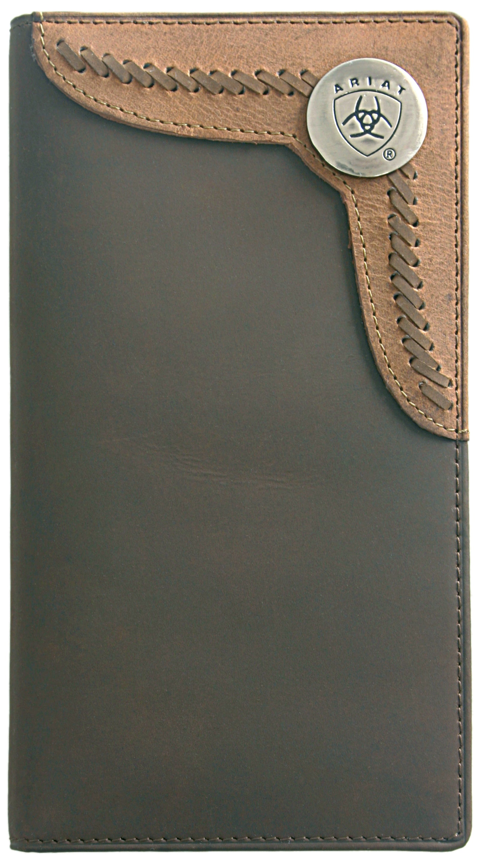 A brown Ariat Men's Rodeo Wallet with a zippered note section and a branded metal badge on the front.