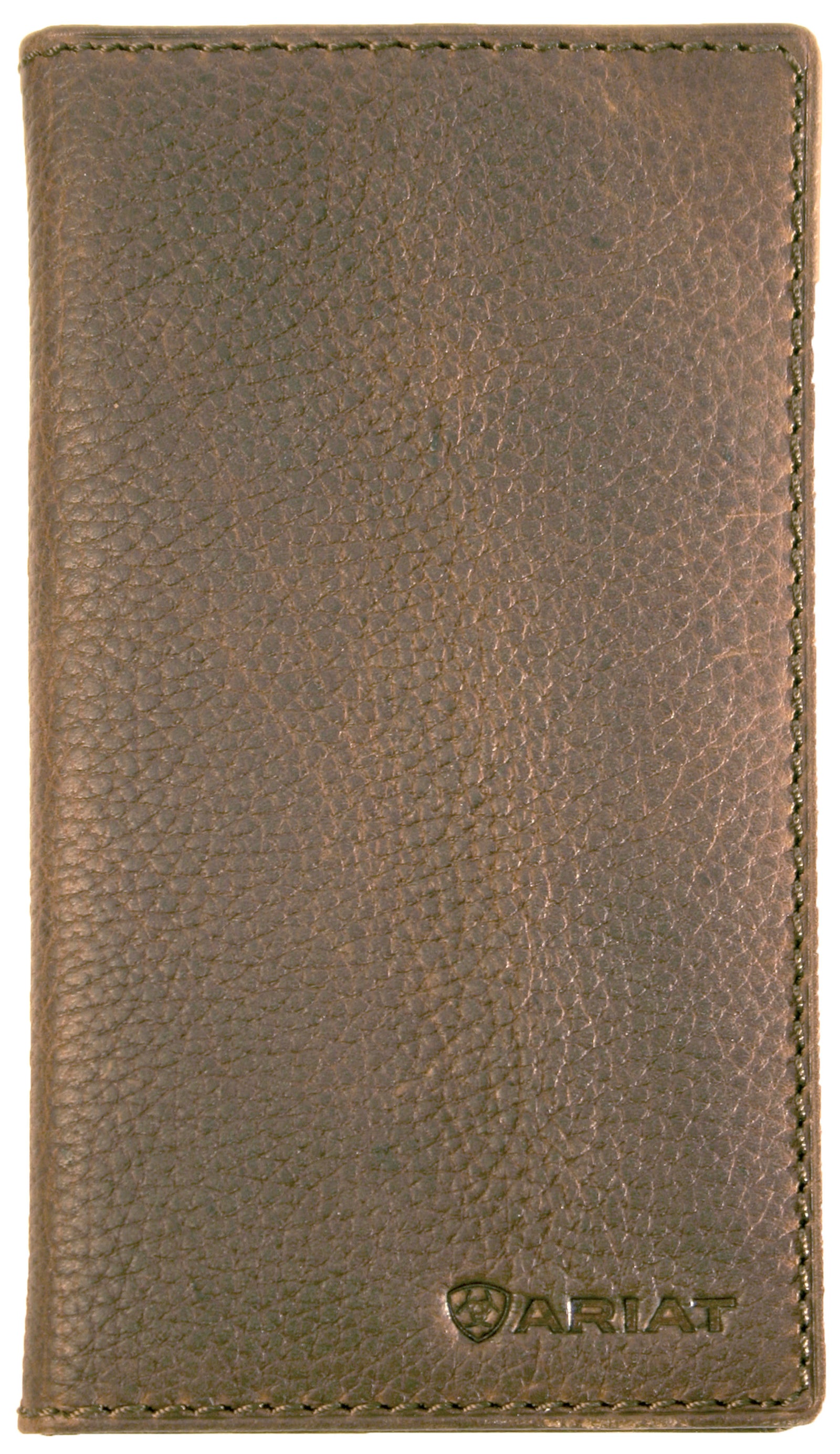 A brown Ariat Men's Rodeo Wallet made from premium leather, featuring a unique zipped note section.