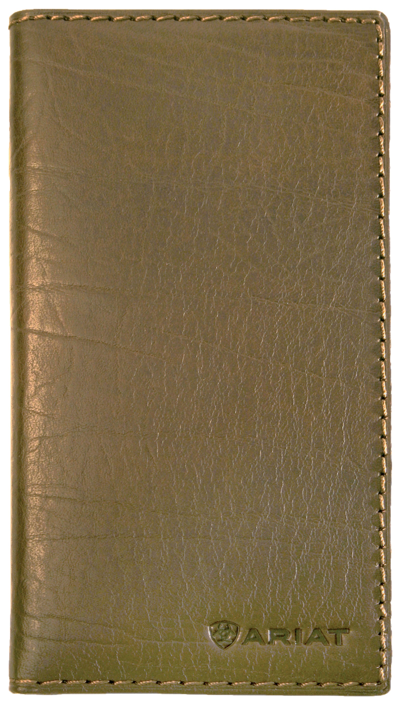 A brown Ariat Men's Rodeo Wallet made from premium leather, showcasing a front pocket and the Ariat logo.