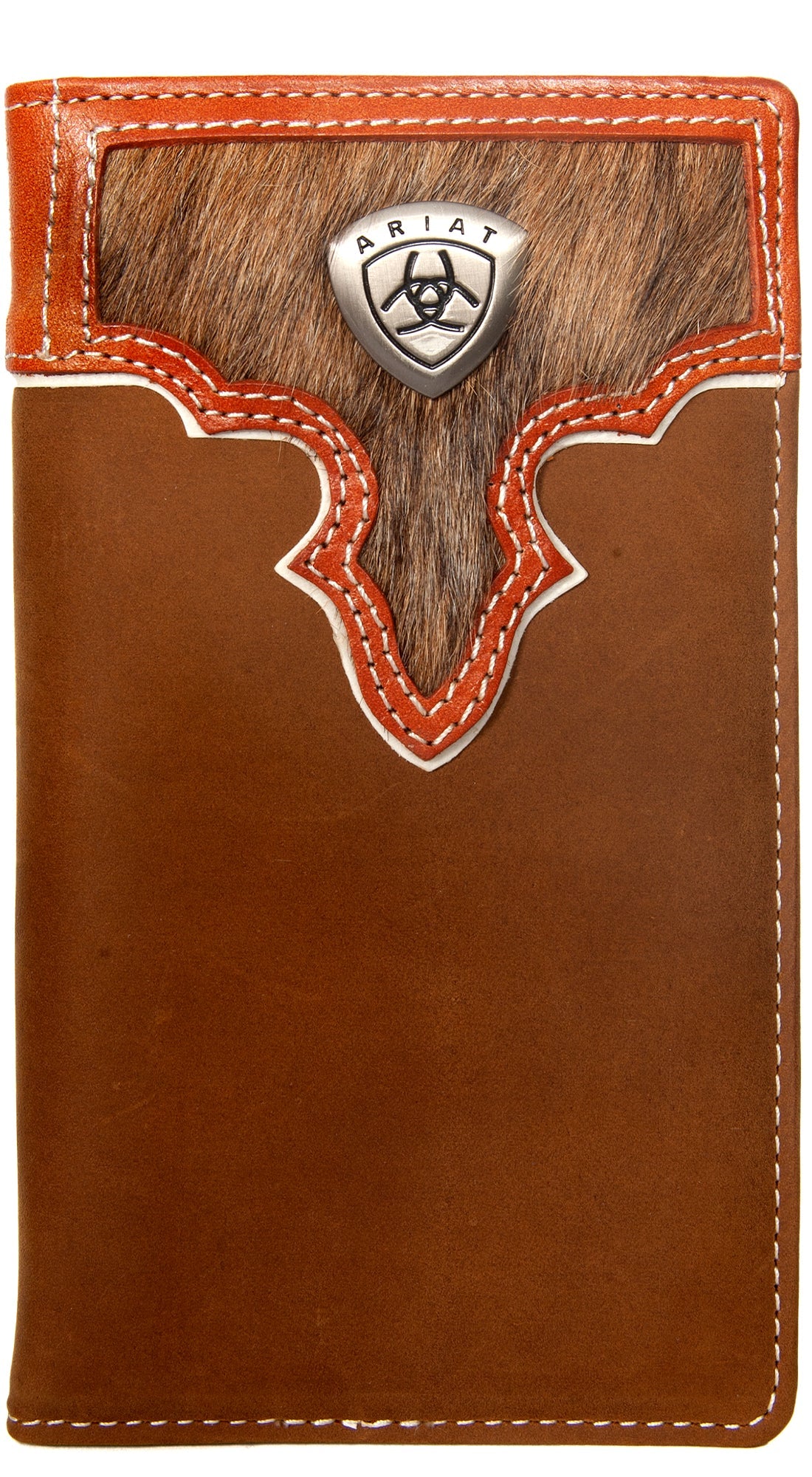 A brown Ariat Men's Rodeo Wallet with a distinctive logo and orange stitching.