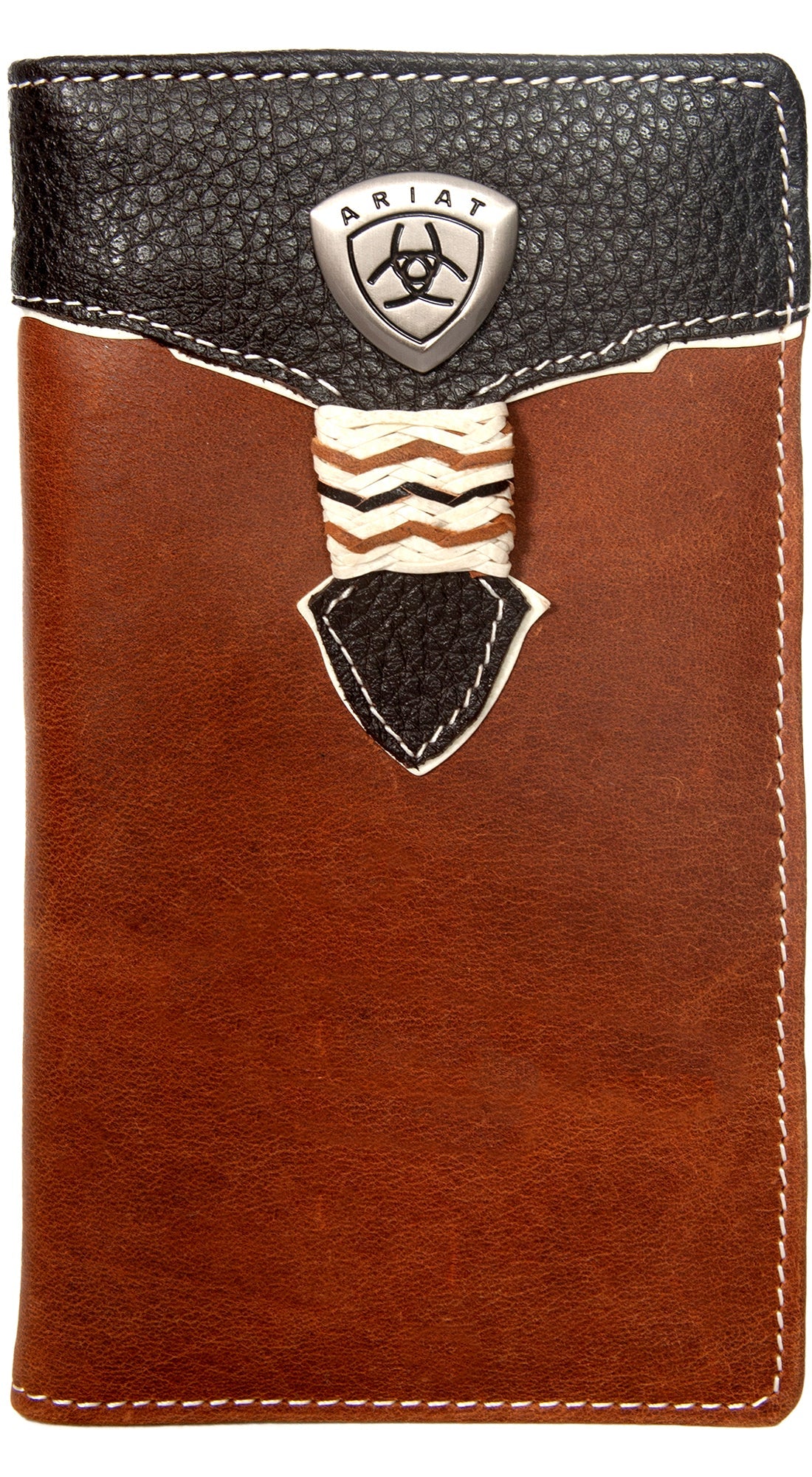 Ariat Men's Rodeo Wallet, featuring a brown and black color scheme with a distinctive logo on the front.