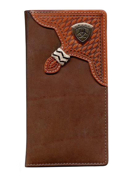 Ariat Men's Rodeo Wallet. A brown Ariat Men's Rodeo Wallet with a branded leather strap and metal badge detail.