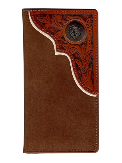 Ariat Men's Rodeo Wallet. A brown Ariat Men's Rodeo Wallet with a floral pattern and a logo emblem.
