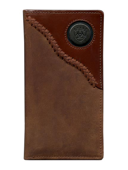A brown Ariat Men's Rodeo Wallet with a distinctive logo emblem on the front.