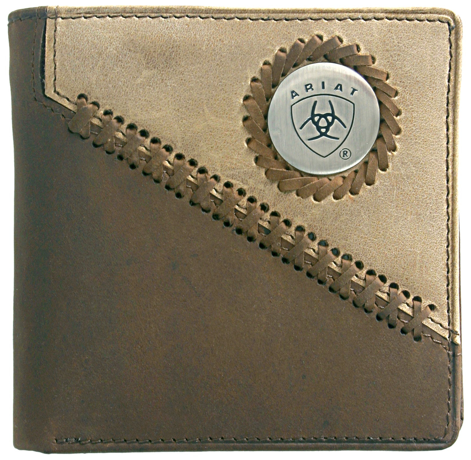 Ariat Men's Bi-Fold Wallet. A bi-fold wallet made of brown leather with multiple card slots, a bill compartment, and a unique zipped note section. It features a silver Ariat logo as a prominent feature on the front.